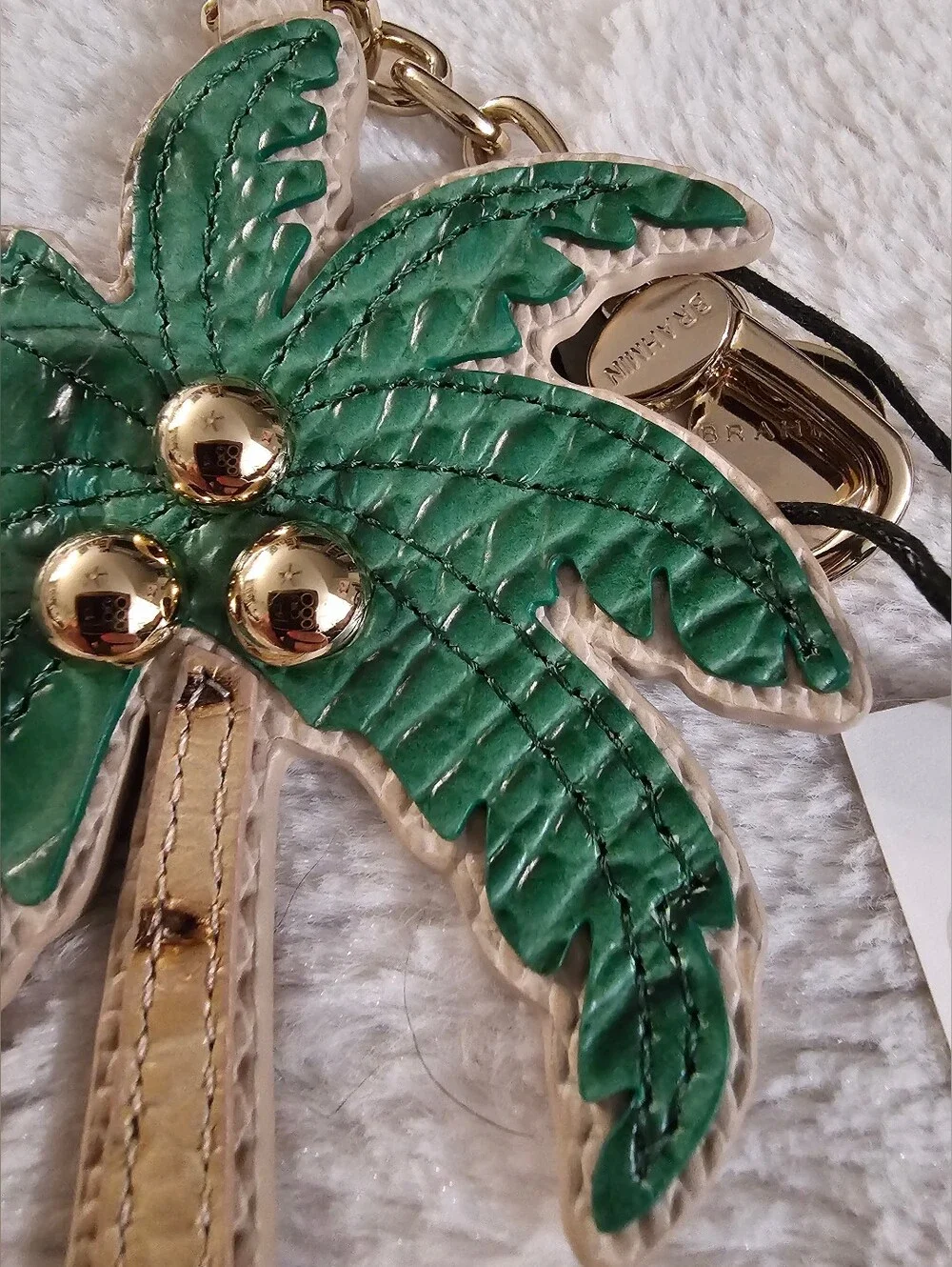 Brahmin Palm Tree Genuine Leather Bag Charm Keychain NWT Green Gold Cream